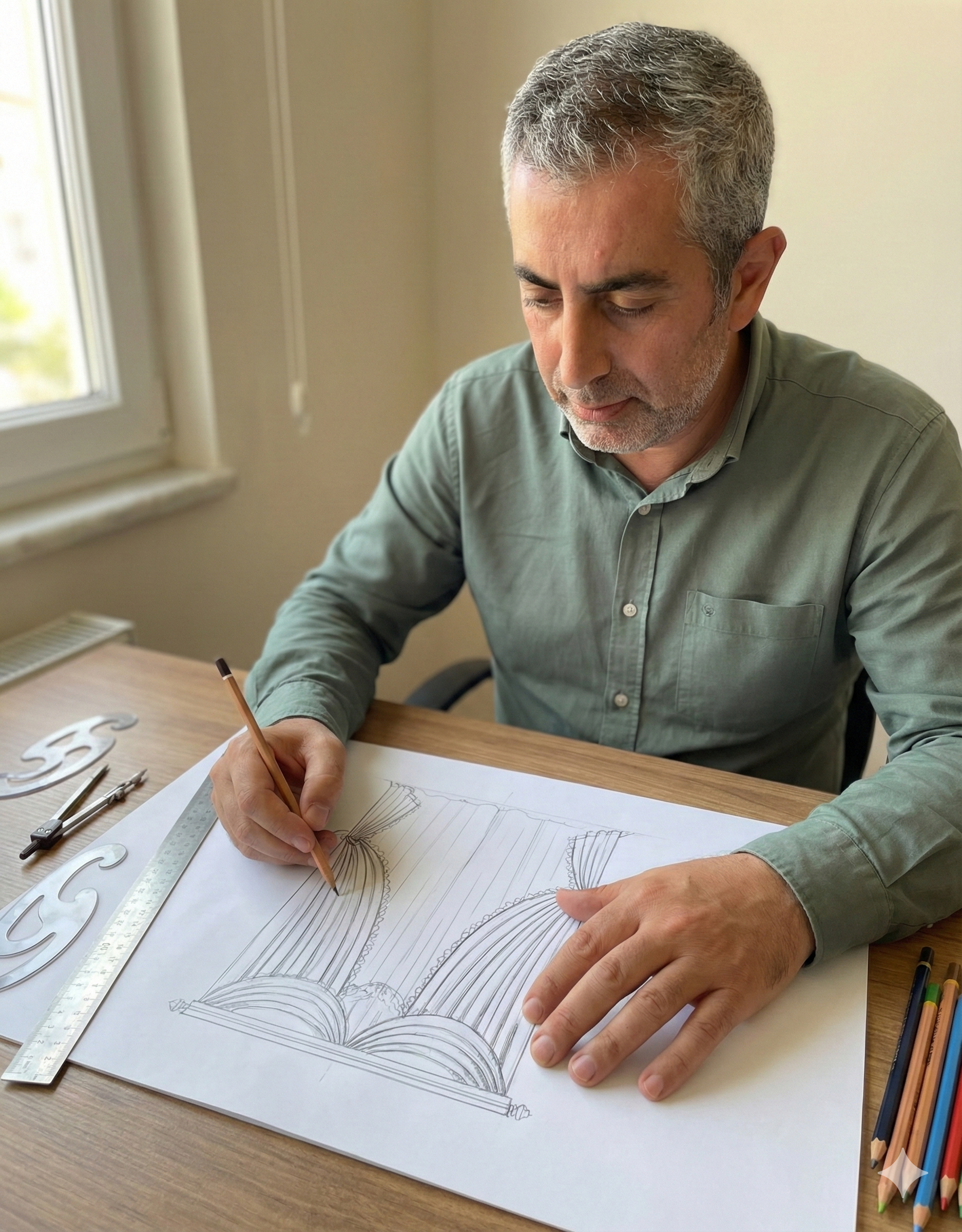 Fethiye'de özel tasarım elbise eskizi yapan moda tasarımcısı.